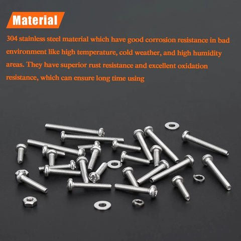 All In One Stainless Steel M2.5 Machine Screw Kit With Phillips Pan Head, various screws and washers shown, 304 stainless steel