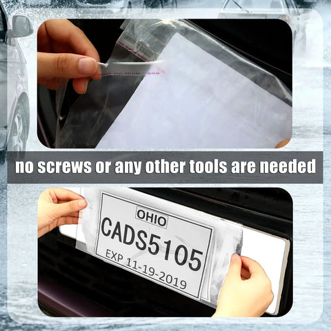 100 Pack Temporary License Plate Sleeves With Adhesive, Clear Plastic Bags for Dealer Cars being applied to car plate