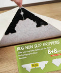 16 Pack Non Slip Carpet Tape and Rug Pads for Area Rugs on Hardwood Floors, close-up of corner grip, reusable, 2mm thick