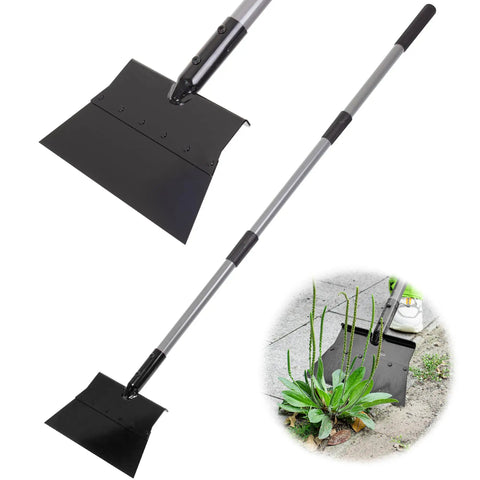 Garden Flat Shovel With 12 Inch Wide Blade And 54 Inch Adjustable Handle shown removing weeds from sidewalk
