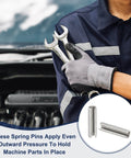 Mechanic holding wrenches in front of car engine with inset image showing Slotted Spring Pin Set 50 Pack, 3.2mm By 35mm, 304 Stainless Steel Dowel Pins