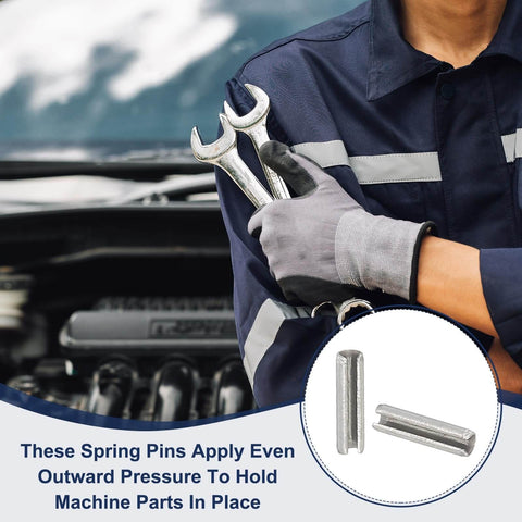 Mechanic holding wrenches in front of car engine with inset image showing Slotted Spring Pin Set 50 Pack, 3.2mm By 35mm, 304 Stainless Steel Dowel Pins