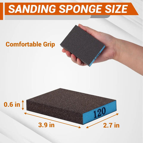 Holding a 120 grit sanding block from 12 Pack Sanding Block With 60 80 120 220 Grit Sanding Sponges Washable And Reusable