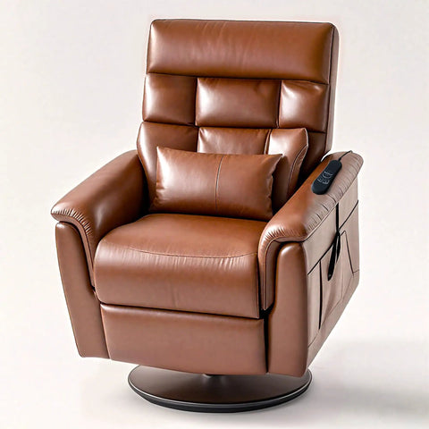 Brown leather recliner with 4 Button 5 Pin Prong USB Backlit Handheld Remote For Lift Chairs And Power Recliners resting on arm.