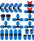Half Inch Drip Irrigation Fittings Kit 24 Piece Set with tees, elbows, couplings, switch valves, end caps, hose adapters for 1/2 inch tubing