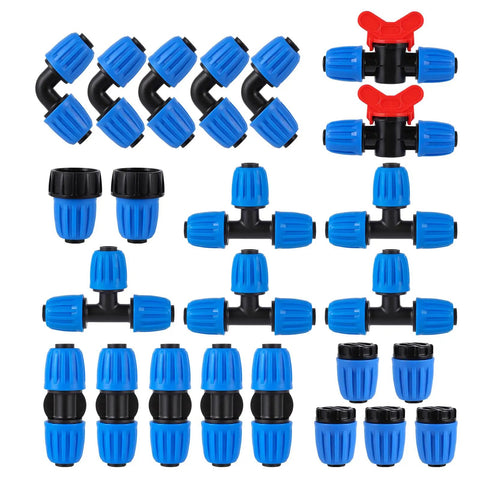 Half Inch Drip Irrigation Fittings Kit 24 Piece Set with tees, elbows, couplings, switch valves, end caps, hose adapters for 1/2 inch tubing