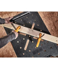 Express Folding Workbench With Quick Setup In Under 3 Seconds Beefy 1000 Lbs Metal Legs Large Work Surface in use, trigger clamps holding wood