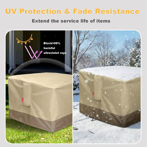 Built Tough Heavy Duty Square Gas Fire Pit Cover 32 Inch Outdoor Table Cover With 600D Polyester and PVC coating waterproof shield UV protection and snow cover showing durability in all seasons.