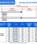 Diagram of Beefy Heavy Duty Solar Tracker Linear Actuator With Mounting Brackets, 330 Lbs Pushing Capacity, dimensions and specs table