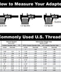 Chart showing measurements for NH, NPSH, NPT adapters and commonly used U.S. thread sizes with caliper illustrations.