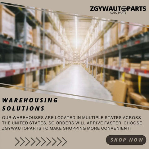 ZGYWAUTOPARTS warehouse aisle with stocked shelves and shop now text for product shipping and storage