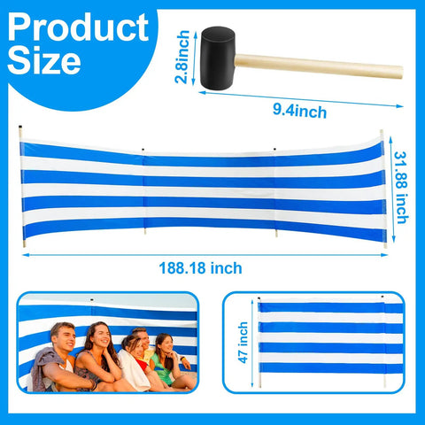 15.7Ft Beach Wind Screen Wind Blocker Privacy Screen With Wooden Poles Mallet And Carry Bag Blue White size dimensions
