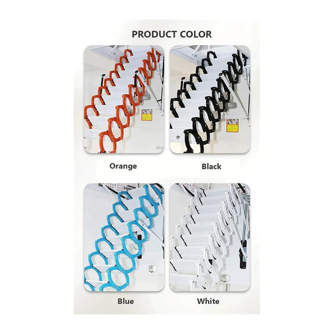 Heavy Duty Electric Remote Control Attic Ladder Crafted From Slick Titanium Magnesium Alloy in orange, black, blue, and white colors.
