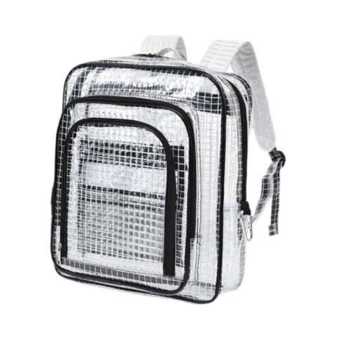 Heavy Duty Tool Backpack With Transparent Mesh Pockets For Tech Pros And Mechanics Durable Anti Static PVC Cleanroom Storage Organizer Built Tough Hella Spacious Black, clear PVC material with grid pattern.