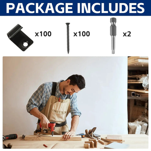Badass 100 Pack Starter Deck Clips Built Hella Secure From 304 Stainless Steel For Composite Deck Boards Sets You Up For A Zero Sweat Install With Matching Torx Screws And Bits showing clips, screws, and tools for deck installation.