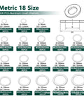 600 Piece Aluminum Crush Washer Set DIN2690 displaying 18 sizes for drain plugs, oil seals, and gaskets with dimensions