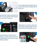 Instruction guide for setting up the 500W Fog Machine with 9 LED lights and 12 color effects, showing fluid filling and button usage.