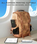 Travel Ready Portable Bluetooth Thermal Printer For On The Go in a backpack on airplane tray table with tablet and phone