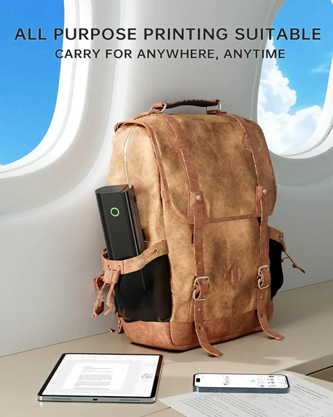 Travel Ready Portable Bluetooth Thermal Printer For On The Go in a backpack on airplane tray table with tablet and phone
