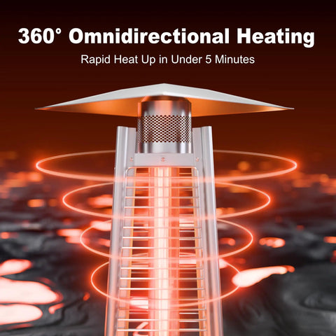 360-degree view of Durable Outdoor Propane Pyramid Patio Heater With Waterproof Cover And Wheels, 88 Inch Quartz Glass Tube, 48,000 BTU For Deck And Backyard