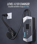 Portable EV Charger With SAE J1772 Connector, 25-Foot Cable, 9.6kW Output, showing NEMA 5-15 plug for Level 1/2 charging