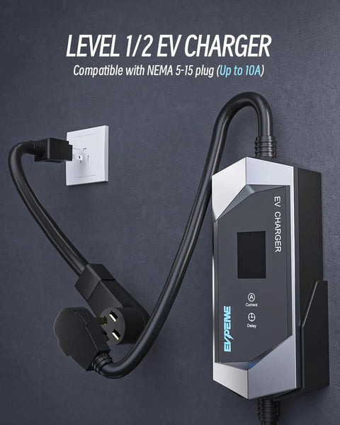 Portable EV Charger With SAE J1772 Connector, 25-Foot Cable, 9.6kW Output, showing NEMA 5-15 plug for Level 1/2 charging