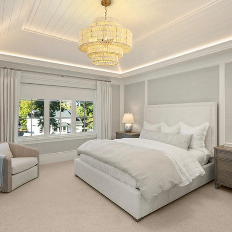 Huge White Rattan Chandelier With 6 Lights Hand Woven 5 Tier Pendant Light in bedroom, adjustable height up to 70 inches
