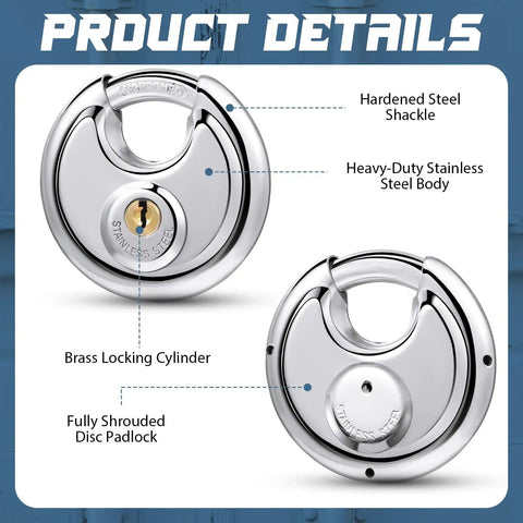 16 Pack Keyed Alike Disc Pad Locks Stainless Steel 2-3/4 Wide 3/8 Shackle Built Tough Outdoor Lock Set Product Details