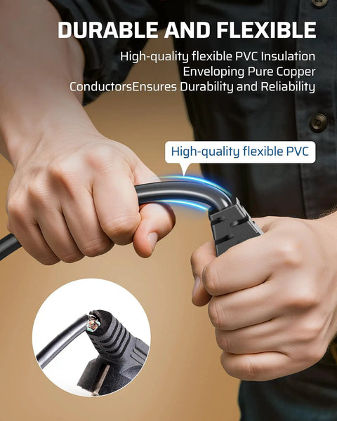 Hands bending Low Profile Angled Flat Head Extension Cord 1 Foot 3 Prong SJT 14 AWG Power Cable, flexible PVC insulation visible.