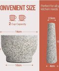 Unpolished Granite Mortar And Pestle Set With Silicone Lid 2 Cup Capacity Garlic Peeler shown with dimensions