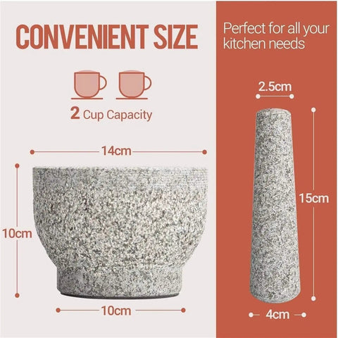 Unpolished Granite Mortar And Pestle Set With Silicone Lid 2 Cup Capacity Garlic Peeler shown with dimensions