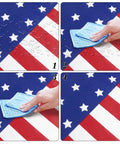 Patriotic Tablecloth Set Two Pack 54 By 108 Inch Disposable All American Flag Table Covers being wiped clean