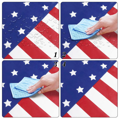 Patriotic Tablecloth Set Two Pack 54 By 108 Inch Disposable All American Flag Table Covers being wiped clean
