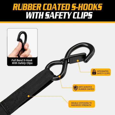 Tough Built Retractable Ratchet Straps For Heavy Duty Cargo Hauling Auto Retract Tie Downs One Inch By Eighteen Hundred Pound Break Strength Easy Pull And Go Hassle Free Storage Keeps Your Rig Locked And Loaded