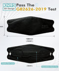 Front and back view of KN95 Face Masks 50 Pack Breathable Cup Dust Disposable Masks For Adults And Teens Comfort Fit With Filtration 95 Percent GB2626 2019 Certified Protective Respirator Masks For Travel Work School And Everyday Use showing elastic ear loops and adjustable nose clip, dimensions 199mm by 81mm.