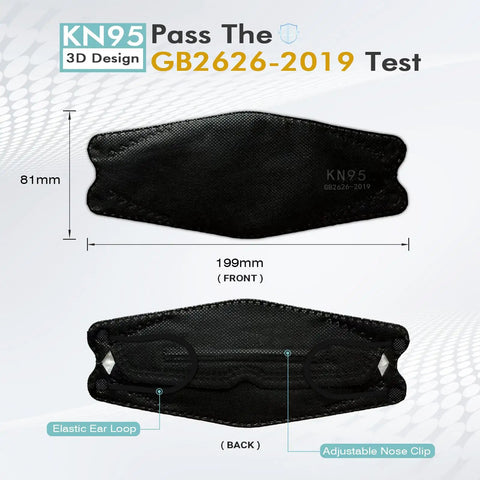Front and back view of KN95 Face Masks 50 Pack Breathable Cup Dust Disposable Masks For Adults And Teens Comfort Fit With Filtration 95 Percent GB2626 2019 Certified Protective Respirator Masks For Travel Work School And Everyday Use showing elastic ear loops and adjustable nose clip, dimensions 199mm by 81mm.