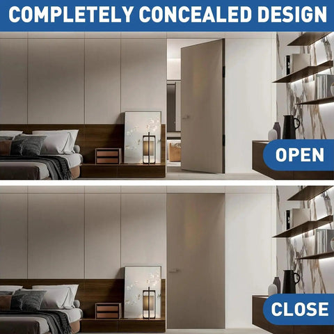 7 Inch Heavy Duty Self Closing Hidden Door Hinge With Adjustable Speed Control shown in open and close positions