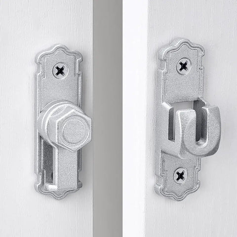 Kickass 90 And 180 Degree Barn Door Latch Built From Solid Silver Aluminum Alloy to fasten sheds and gates, shown close-up.