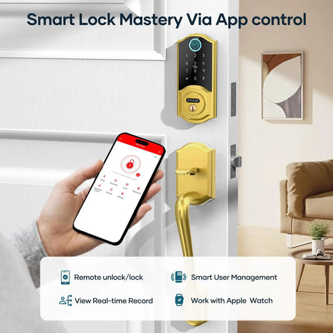 Smooth Operator Smart Lock For Front Doors With Integrated Handle Featuring Quick Fingerprint Unlock Smartphone App Bluetooth Control Alexa Compatibility And Classic Gold Finish For Tight Security And Dead Simple Install