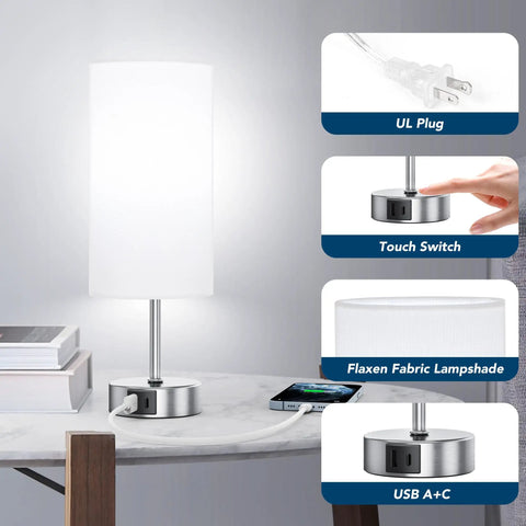 Touch Control Desk Lamp With 3 Way Dimming, 12.8 Inch Bedside Nightstand Light, 2 USB Ports, Modern Table Lamp