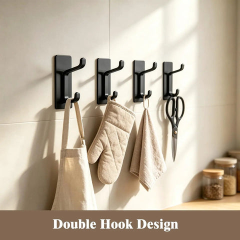 Heavy Duty Self Adhesive Hooks Matte Black Pack Of 3 Rust Proof Stainless Steel No Drill Wall Mount with cooking towels.