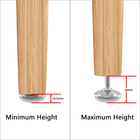 Rock Solid M6 Adjustable Furniture Levelers 20 Pack Heavy Duty Table Glides showing height adjustment with metal base and plastic grip.