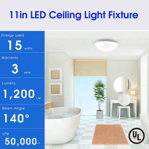 Easy Install No Fuss Dimmable LED Ceiling Light Fixture 11 Inch Flush Mount Cool White 4000K 15W 1200lm CRI90 UL Listed