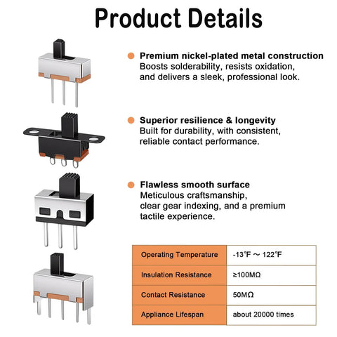 Slide Switch Kit 120 Pieces Micro Mini 3 Pin 2 Position 1P2T SPDT Toggle Switches For On Off DIY Projects details overview