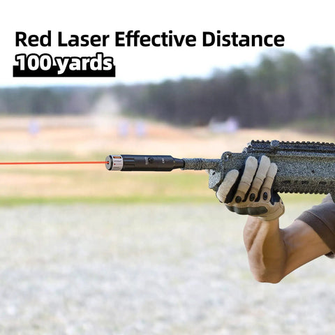 Bright Red Laser Bore Sight Kit with Big Button Switch attached to rifle for 17 to 12 gauge caliber targeting, 100 yards range.