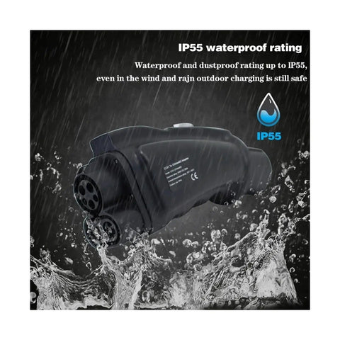 CCS1 to CHAdeMO EV Adapter DC 1000V 250A Heavy Duty Fast Charging Converter showing IP55 waterproof rating with rain effects.