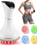 Woman using Lymphatic Drainage Massager For Body Sculpting And Anti Cellulite Care with four color light, pulse, heat, and vibration