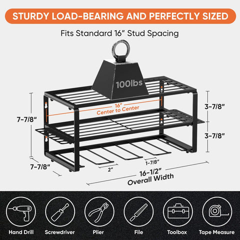 Heavy Duty Tool Organizer Rack For Garage Wall Mounted Drill Storage With Charger Shelf 100lbs Weight Capacity Easy Install Keeps Tools And Cords Neat Includes Basic Side Tool Strips