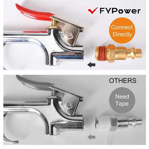 Six Foot Hybrid Air Compressor Hose Kit Including Ten Piece Built Tough Brass Fittings And 3/8 Inch Whips Plus 1/4 Npt Plugs image showing comparison of easy connect fittings.