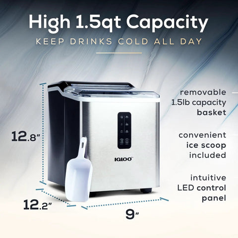 Compact Stainless Steel Ice Maker Cranks Out 26 Pounds Daily With Auto Clean Function And Led Display for easy ice access and control panel.